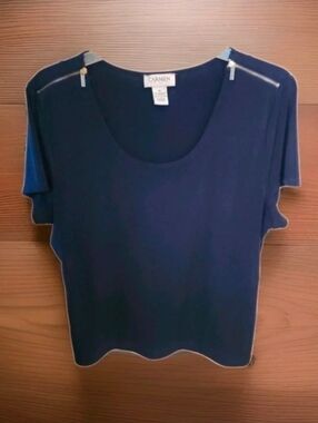 Carmen Round Neck Navy Blue Gold Zipper detail on Shoulders Blouse Top Shirt XL